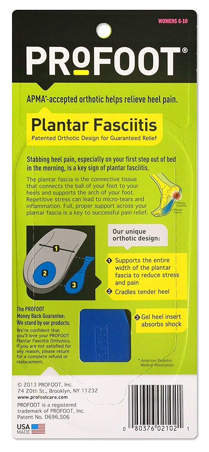 PROFOOT Plantar Fasciitis Orthotics, Women's 6-10, 1 Pair